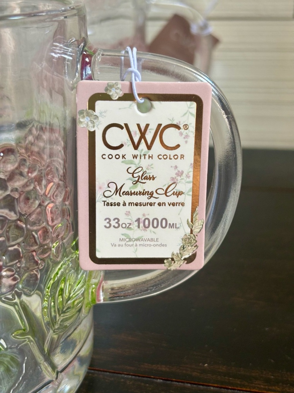 CWC Glass Measuring Cup 33oz ~ 4 Cups Pink HYDRANGEA Design NEW Microwaveable - Picture 7 of 7